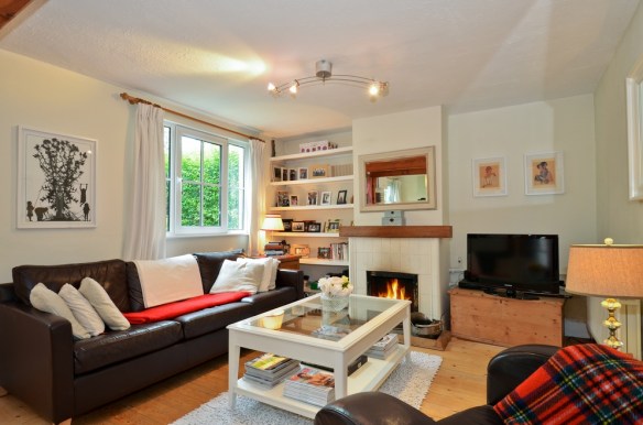 Living room in the Claddagh House with a burning fireplace
