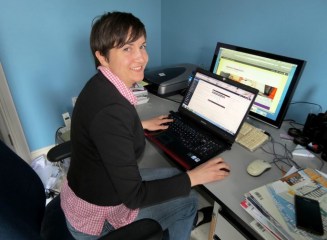 Katja working on the Upstairs Downstairs Magazine 84